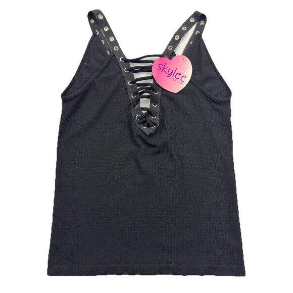 SKYLEE Black Tank Top Punk Rock Sleeveless Grommet Laced V-Neck Shirt One Size - Picture 2 of 6